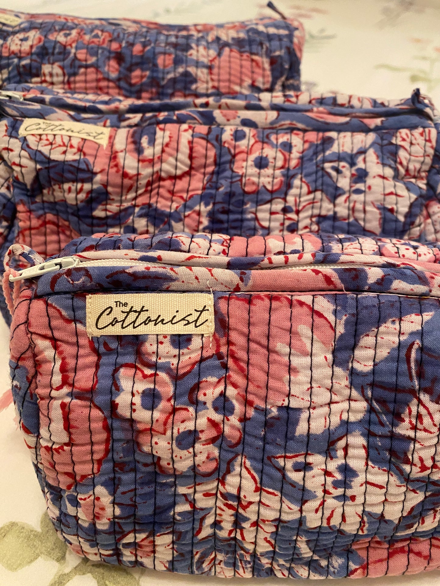 Coral Indigo blooms handblock print cosmetic bags