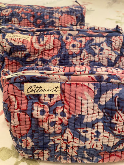 Coral Indigo blooms handblock print cosmetic bags