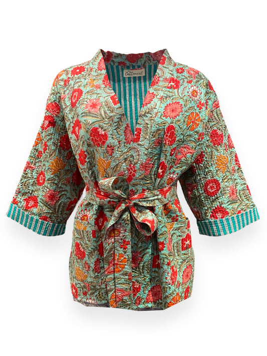 Sea green and red blooms handblock print short quilted jacket.