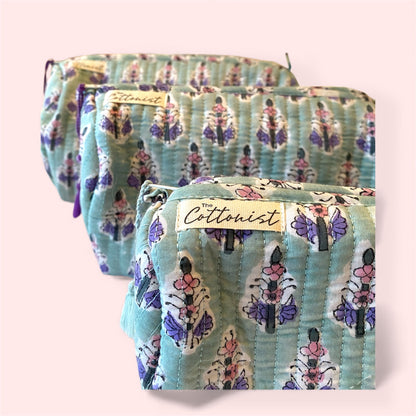 Sea green and Mauve booti handblock print cosmetic bags