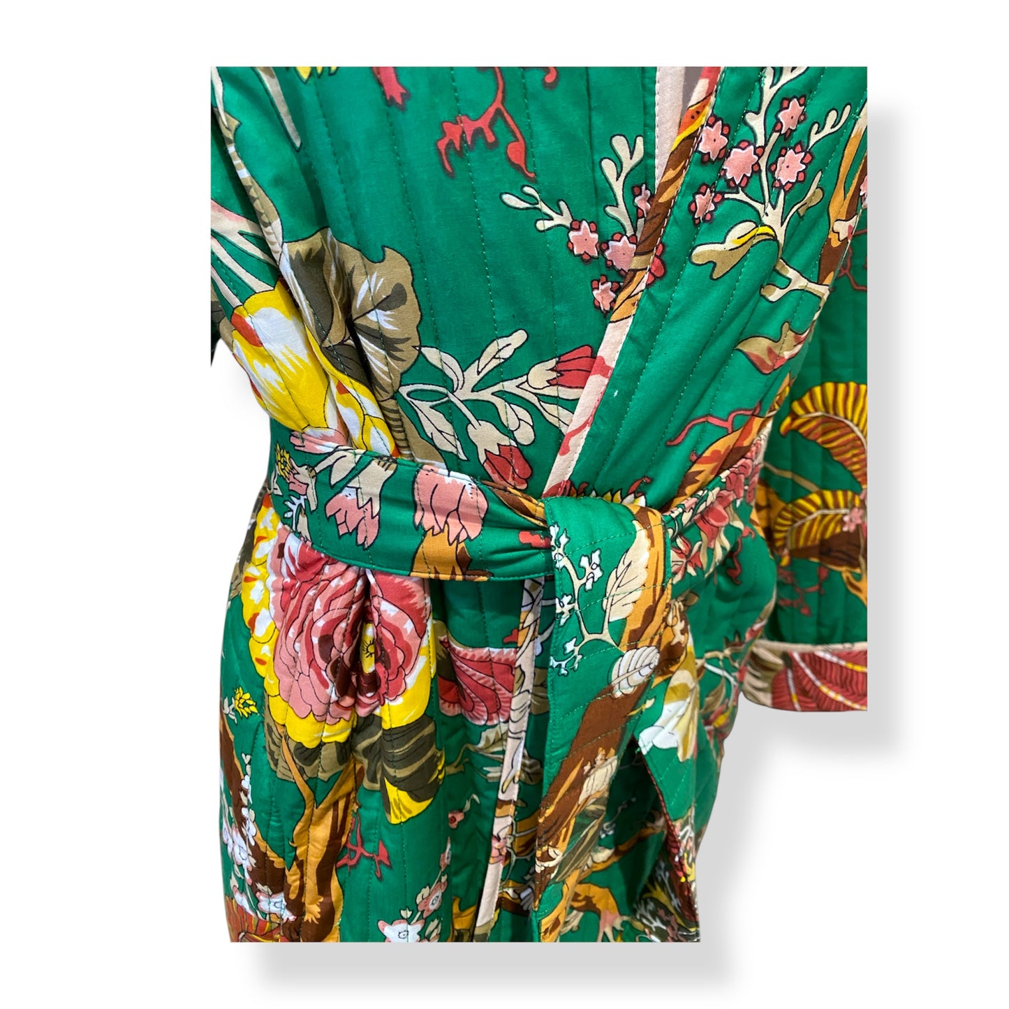 Gulmohar handblock print Reversible Quilted Kimono robe