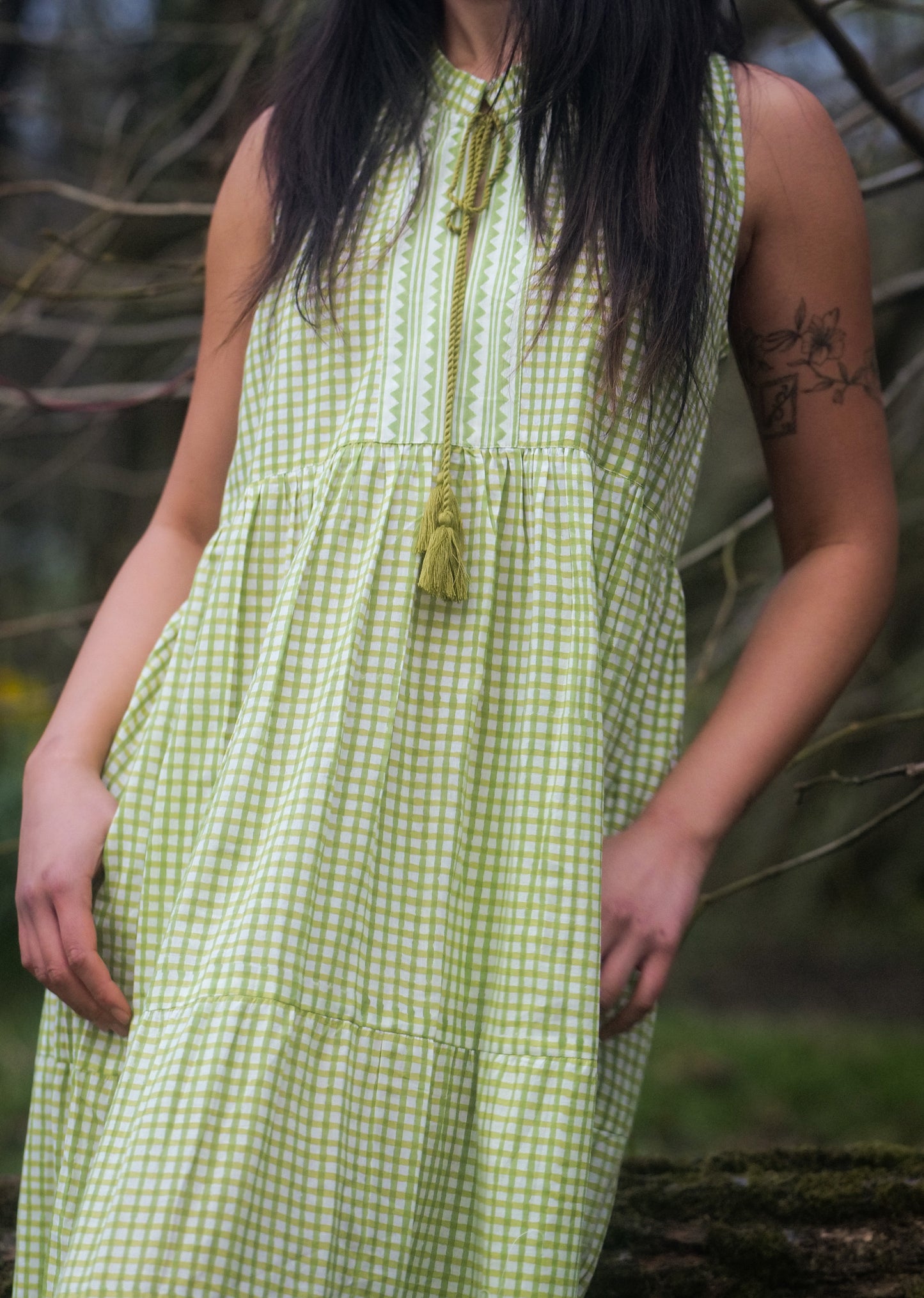 Lime Green Gingham Tiered Midi Dress