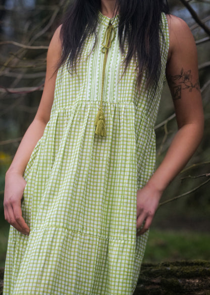Lime Green Gingham Tiered Midi Dress