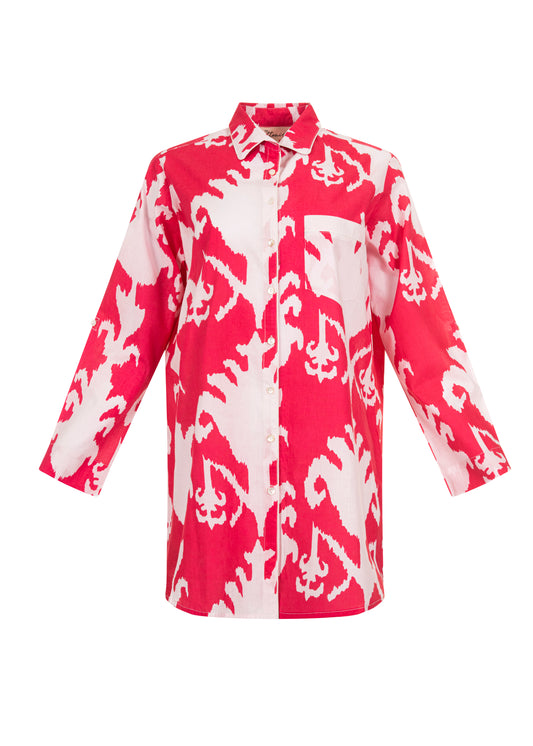 Ikat Bright Pink Block Print Ladies Cotton Sleepshirt