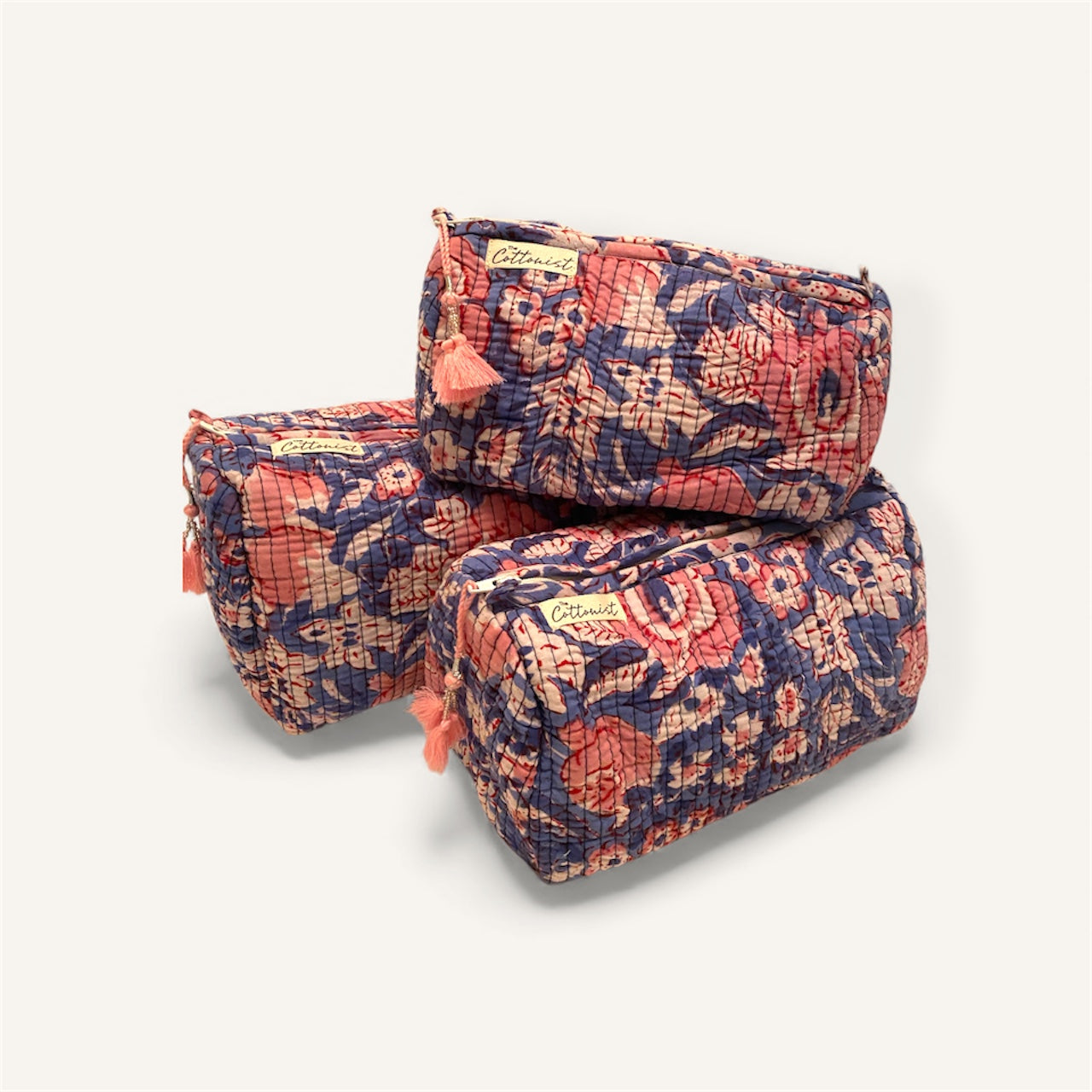 Coral Indigo blooms handblock print cosmetic bags