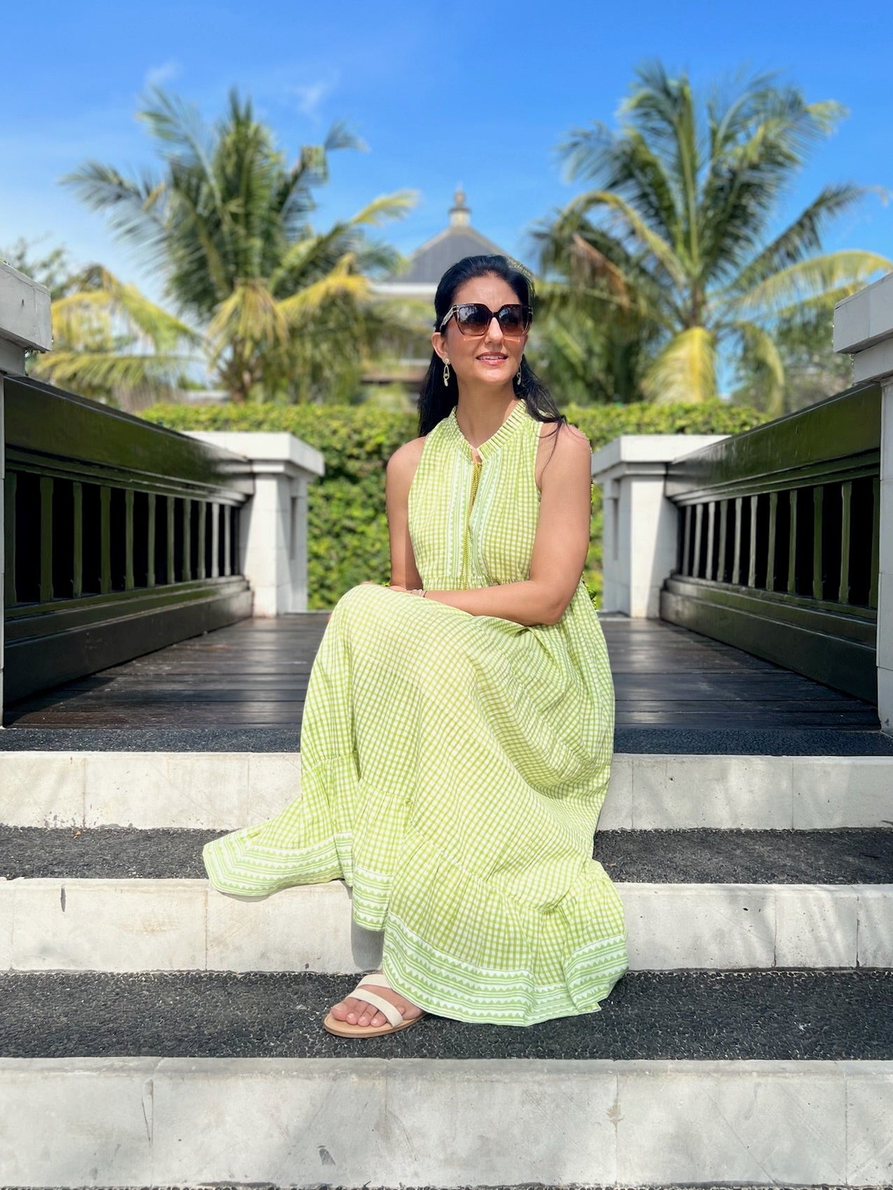Lime Green Gingham Tiered Midi Dress