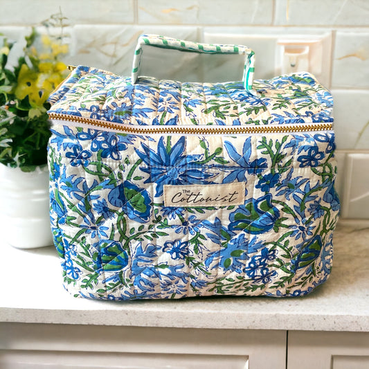 Blue and Green Handblock printed cosmetic bag / Travel kit