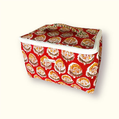 Christmas Red Handblock printed structured cosmetic bag / Travel kit