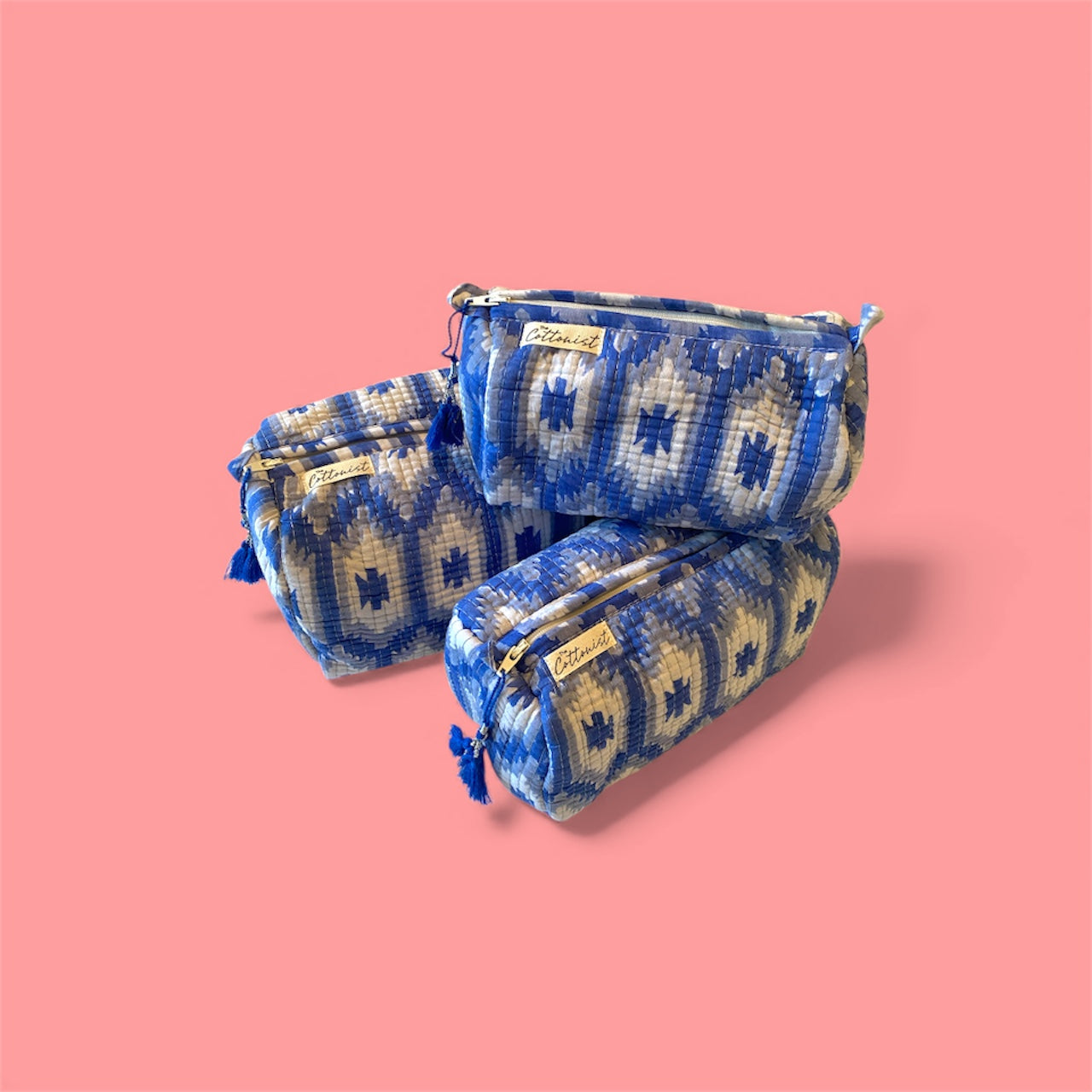 Blue Ikat handblock print cosmetic bags