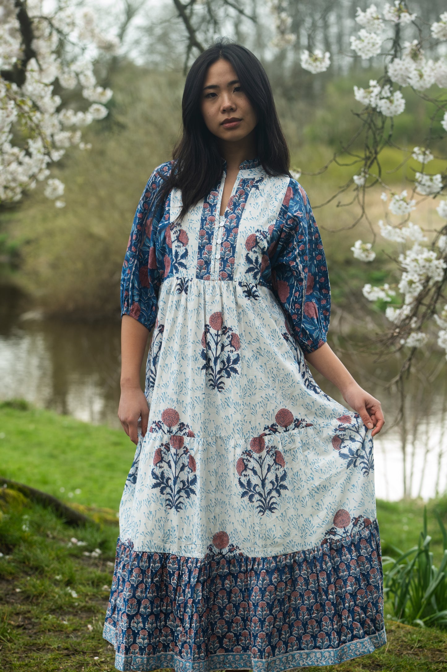 Indigo Garden Floral Midi Dress