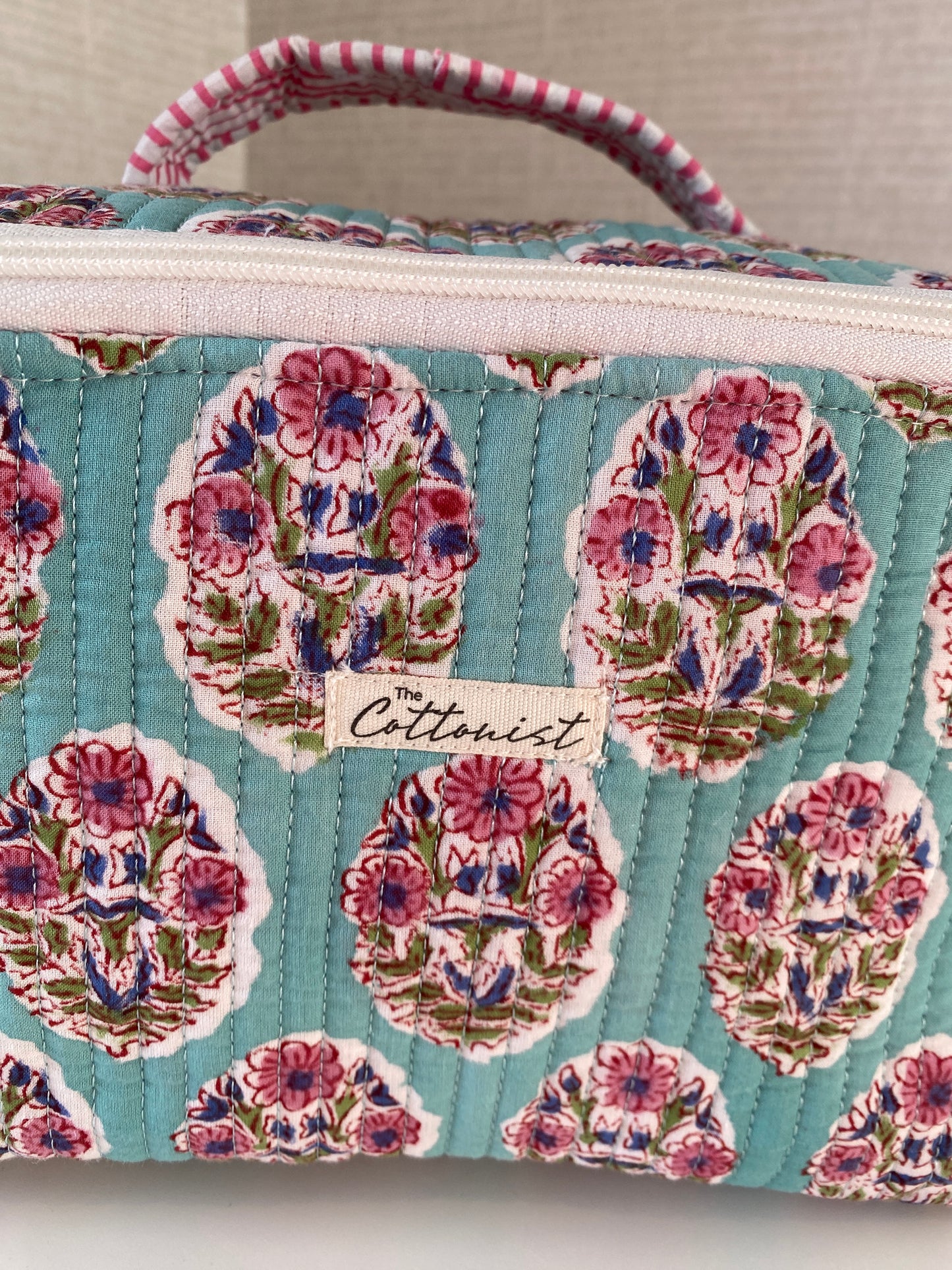 Soft Teal Handblock printed structured cosmetic bag / Travel kit