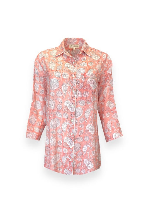 Hand block Print Peach Floral Nightshirt | Floral Sleep Shirt