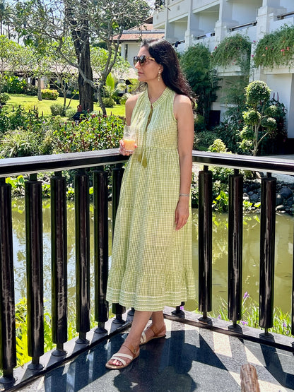 Lime Green Gingham Tiered Midi Dress