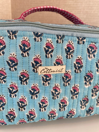 Blue & Pink Booti Handblock printed structured cosmetic bag / Travel kit