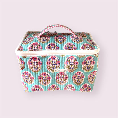 Soft Teal Handblock printed structured cosmetic bag / Travel kit
