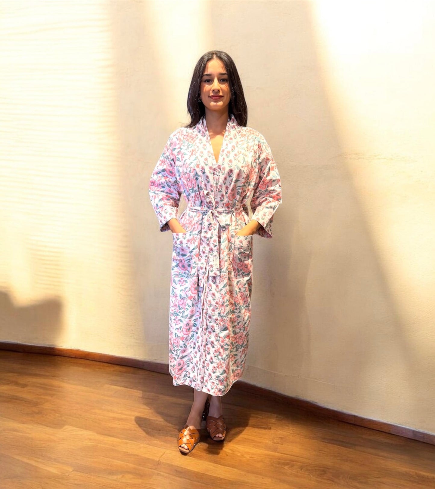 Soft Coral Sage Booti jaal Reversible Cotton Robe/Kaftan