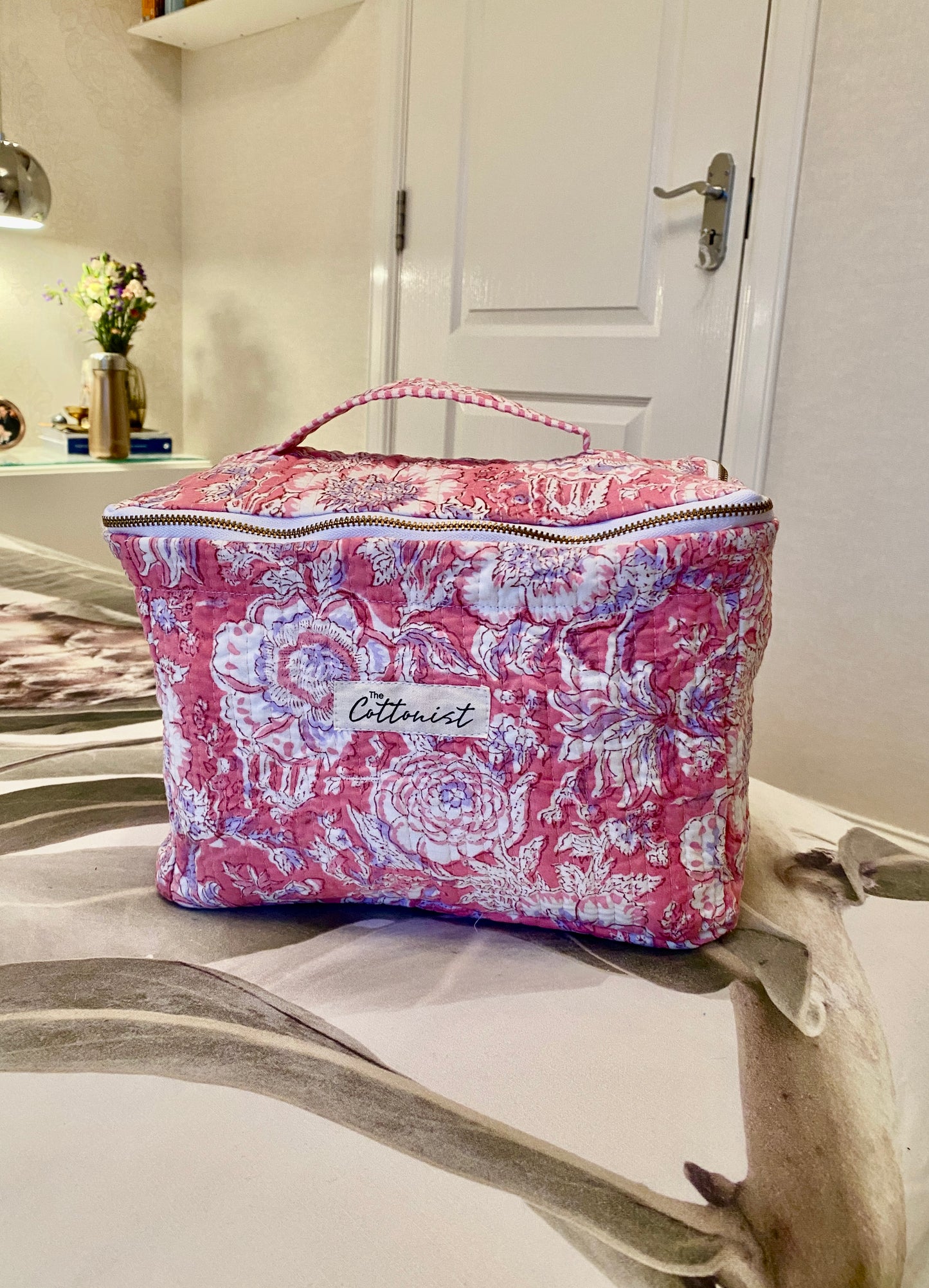 Pink and Mauve floral handblock print cosmetic bag / travel kit