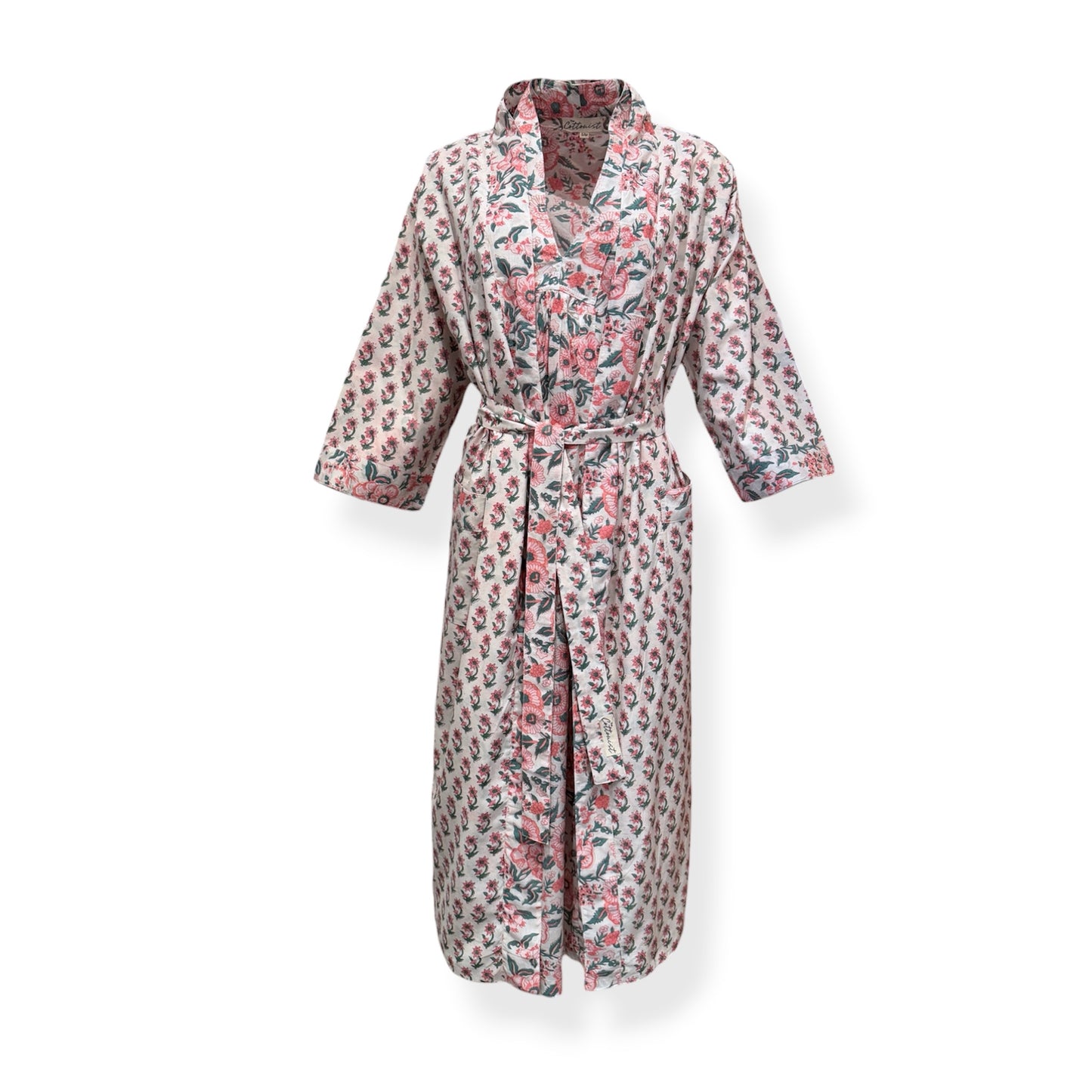 Soft Coral Sage Booti jaal Reversible Cotton Robe/Kaftan
