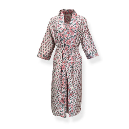 Soft Coral Sage Booti jaal Reversible Cotton Robe/Kaftan