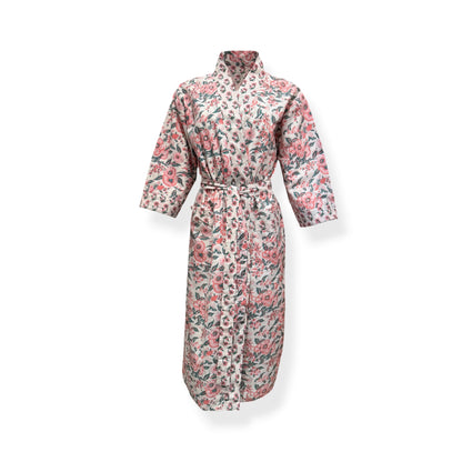 Soft Coral Sage Booti jaal Reversible Cotton Robe/Kaftan