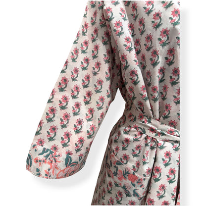 Soft Coral Sage Booti jaal Reversible Cotton Robe/Kaftan